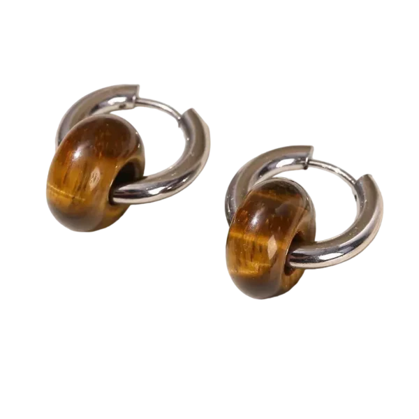 Boucles D'oreilles Créoles En Acier Argenté Avec Pierre œil De Tigre - Dormeuses - Neuf Avec étiquettes