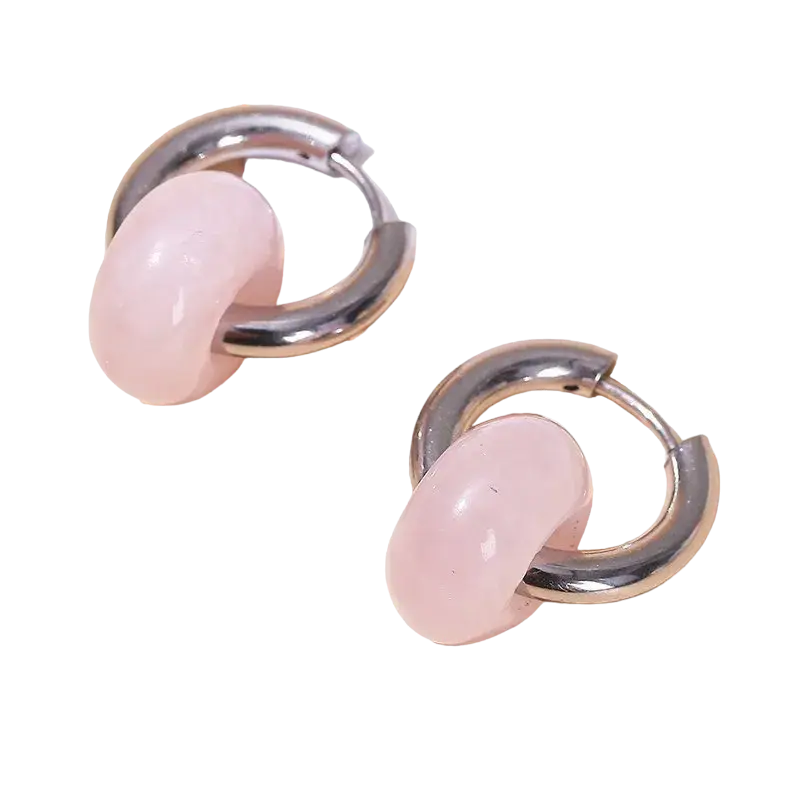 Boucles d'oreilles pierres naturelles Quartz rose créoles argent