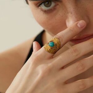 Bague large avec pierre naturelle turquoise or