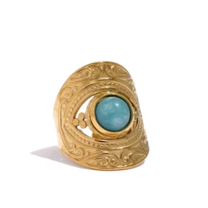 Bague large avec pierre naturelle turquoise or