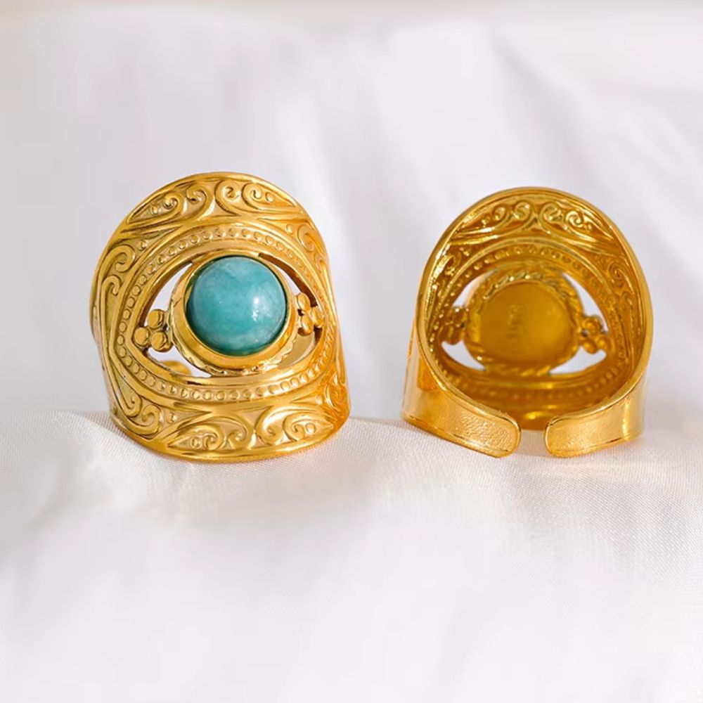 Bague large avec pierre naturelle turquoise or