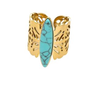 Bague pierre naturelle turquoise allongée or avec motifs