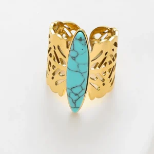 Bague pierre naturelle turquoise allongée or avec motifs