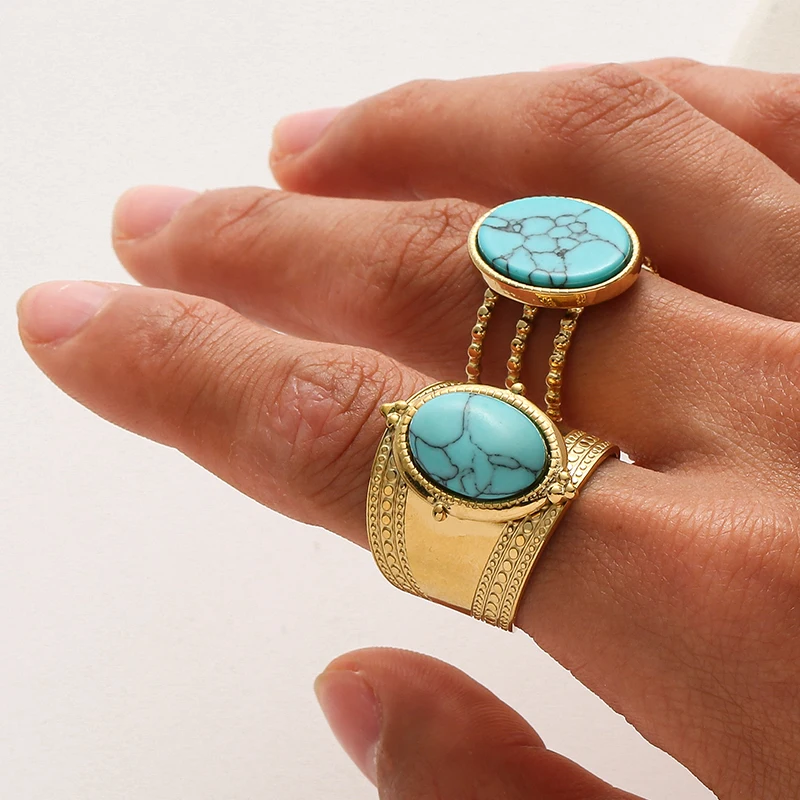 Bague triple pierre naturelle turquoise plase or