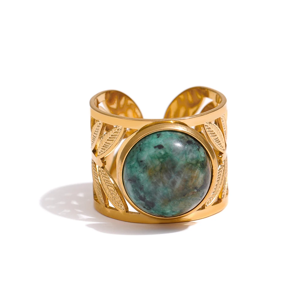 Bague ajustable dorée feuillue avec pierre naturelle verte