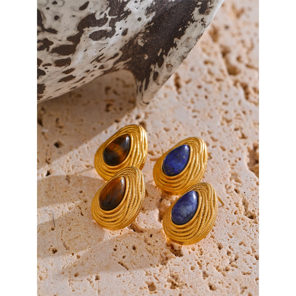 Boucles d'oreilles ovales dorées avec pierre lapis lazuli