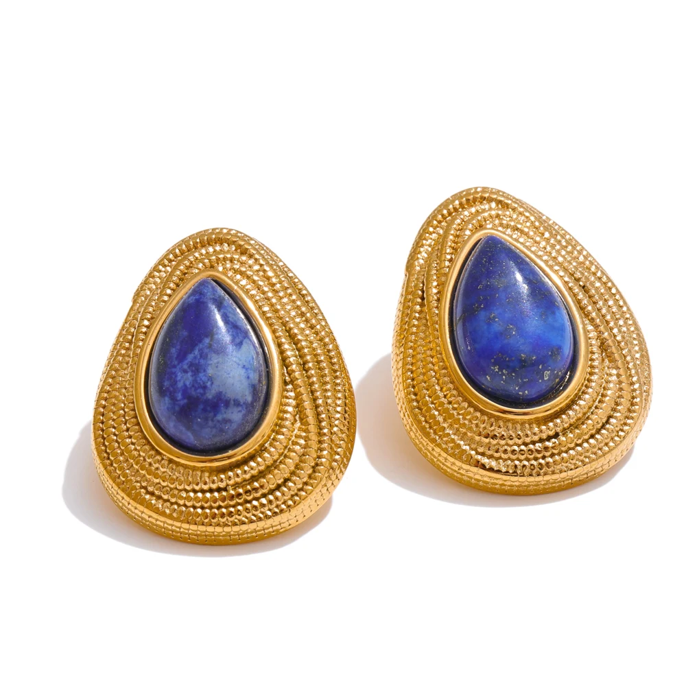 Boucles d'oreilles ovales dorées avec pierre lapis lazuli