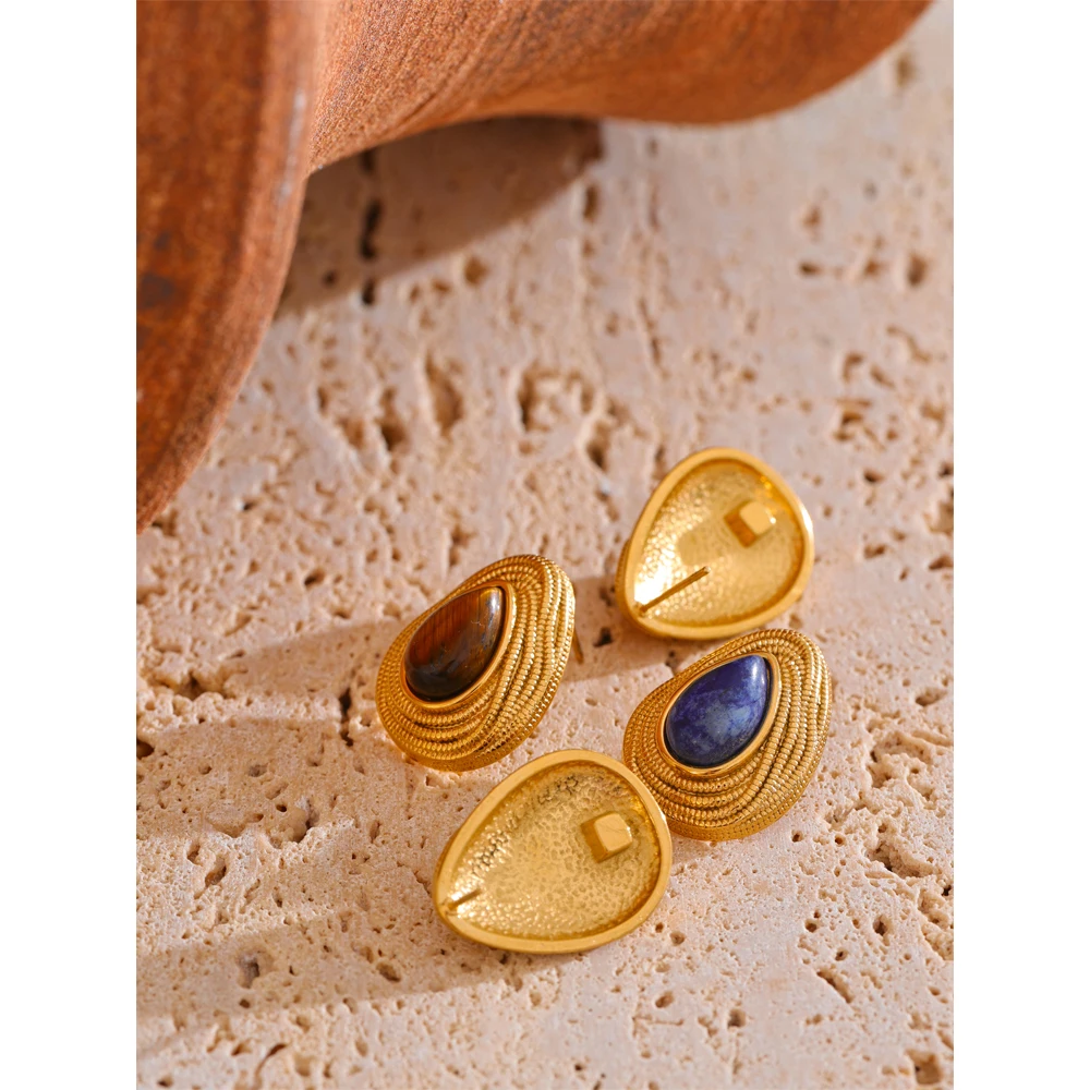 Boucles d'oreilles ovales dorées avec pierre lapis lazuli