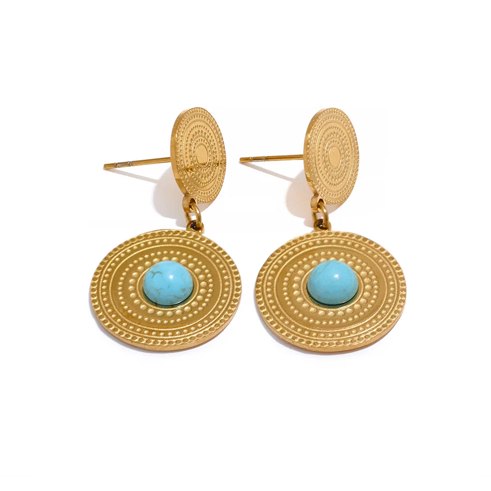 Boucles d'oreilles rondes géométriques dorées avec turquoise