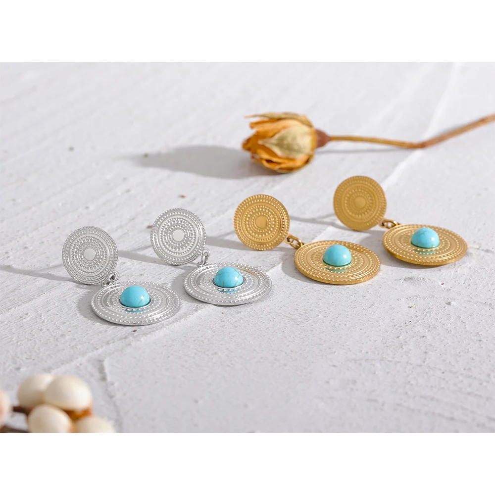 Boucles d'oreilles rondes géométriques dorées avec turquoise