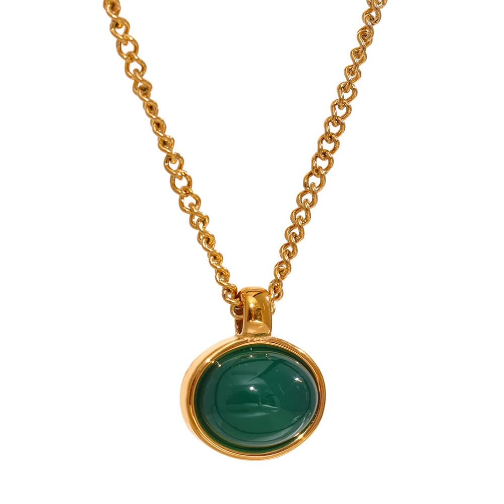 Collier doré avec pierre naturelle d'agate verte ovale