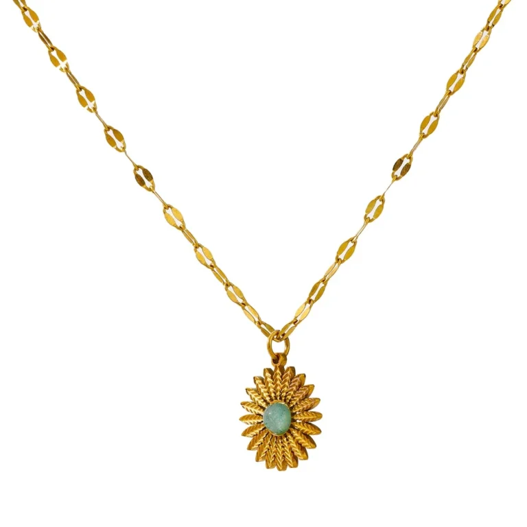 Collier fleur doré avec pierre naturelle verte