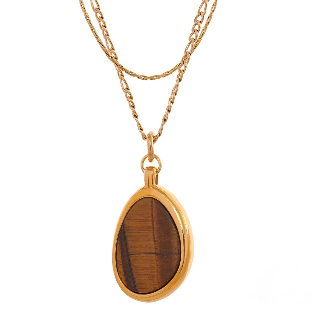Double collier doré avec pendentif oeil de tigre