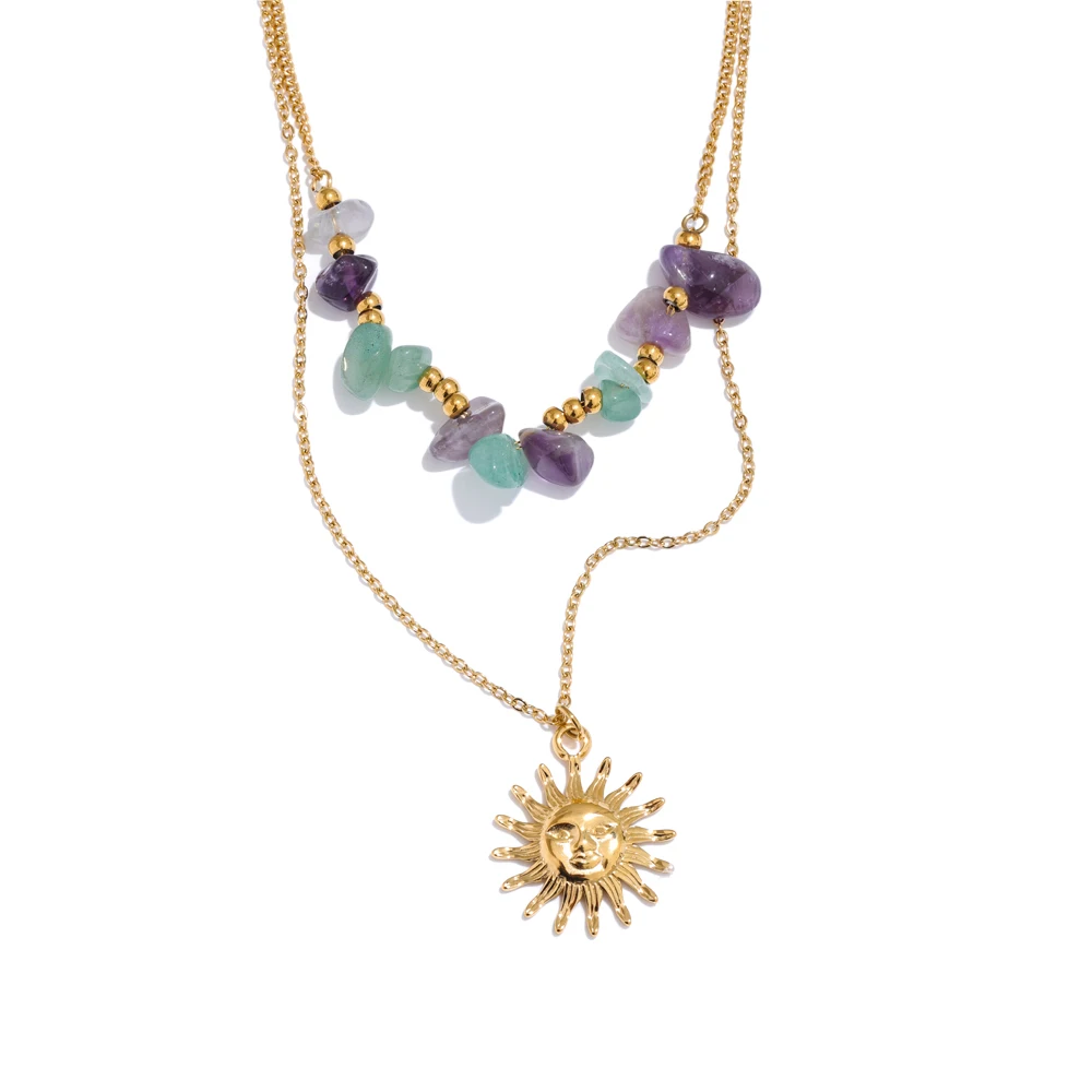 Double collier doré avec pierres naturelles vertes et violettes