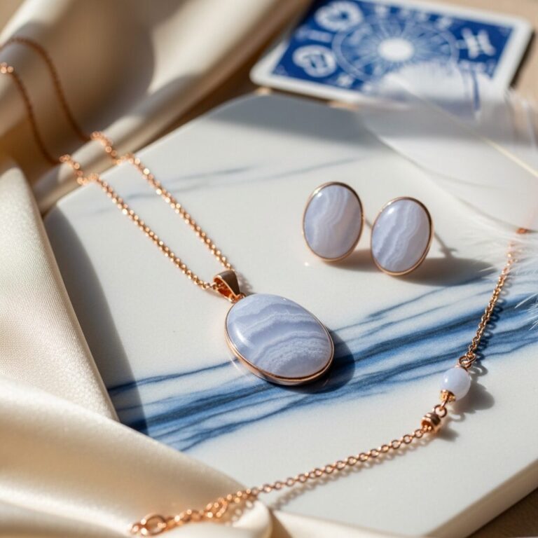 Blue lace agate: pierre apaisante qui facilite la communication et ramène la sérénité. Découvrez nos bijoux en blue lace agate, alliant esthétique et énergie équilibrante. Conseils de choix selon vos besoins émotionnels et votre signe astrologique.