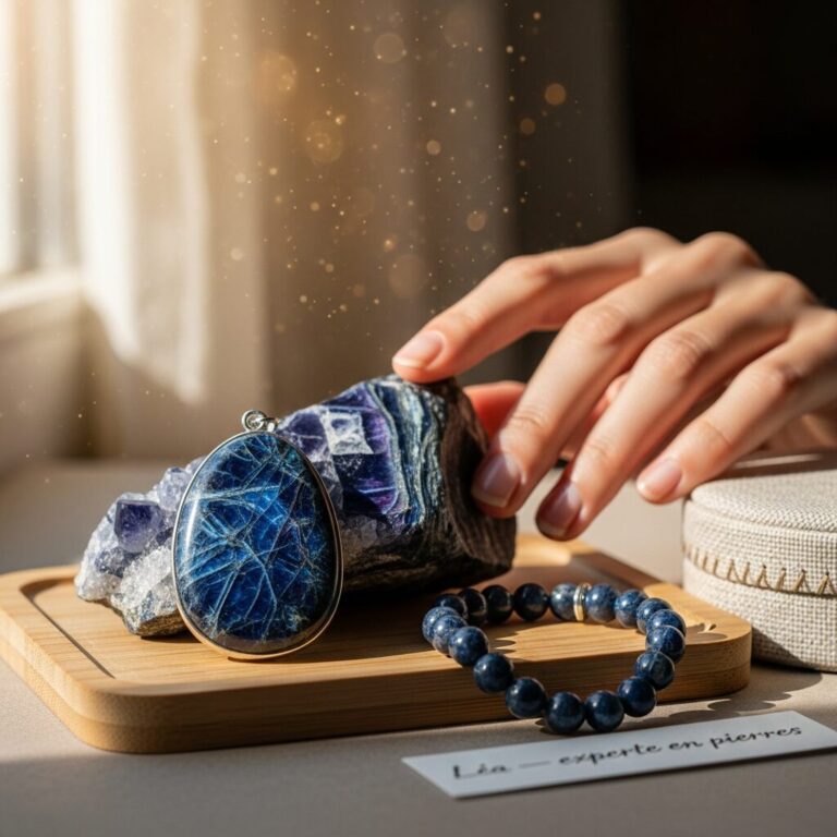 Découvrez la dumortierite, pierre naturelle favorisant concentration et sérénité. Bijoux authentiques et élégants, avec signification et vertus expliquées par Léa, experte en pierres et bijoux spirituels.